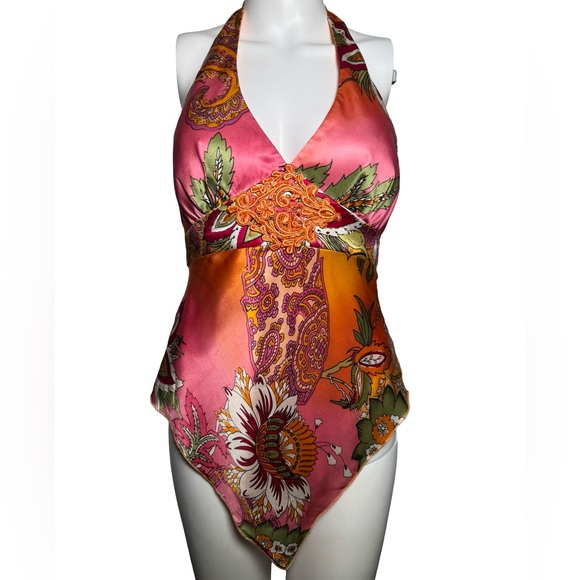 CACHE Pink Orange Beaded Silk FLORAL HALTER TOP Y2K V-Neck Sleeveless millennial - Picture 1 of 5